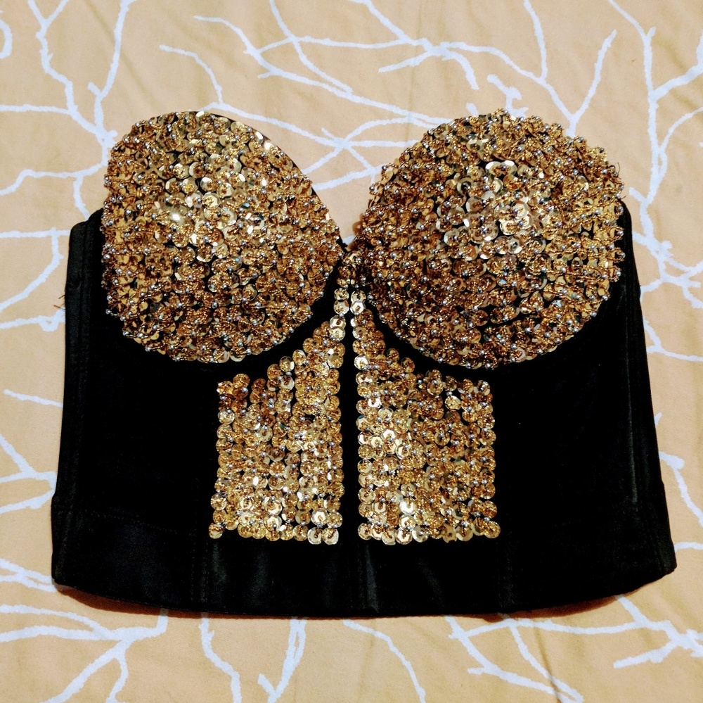 Black and gold crop top bustier sequin bra top